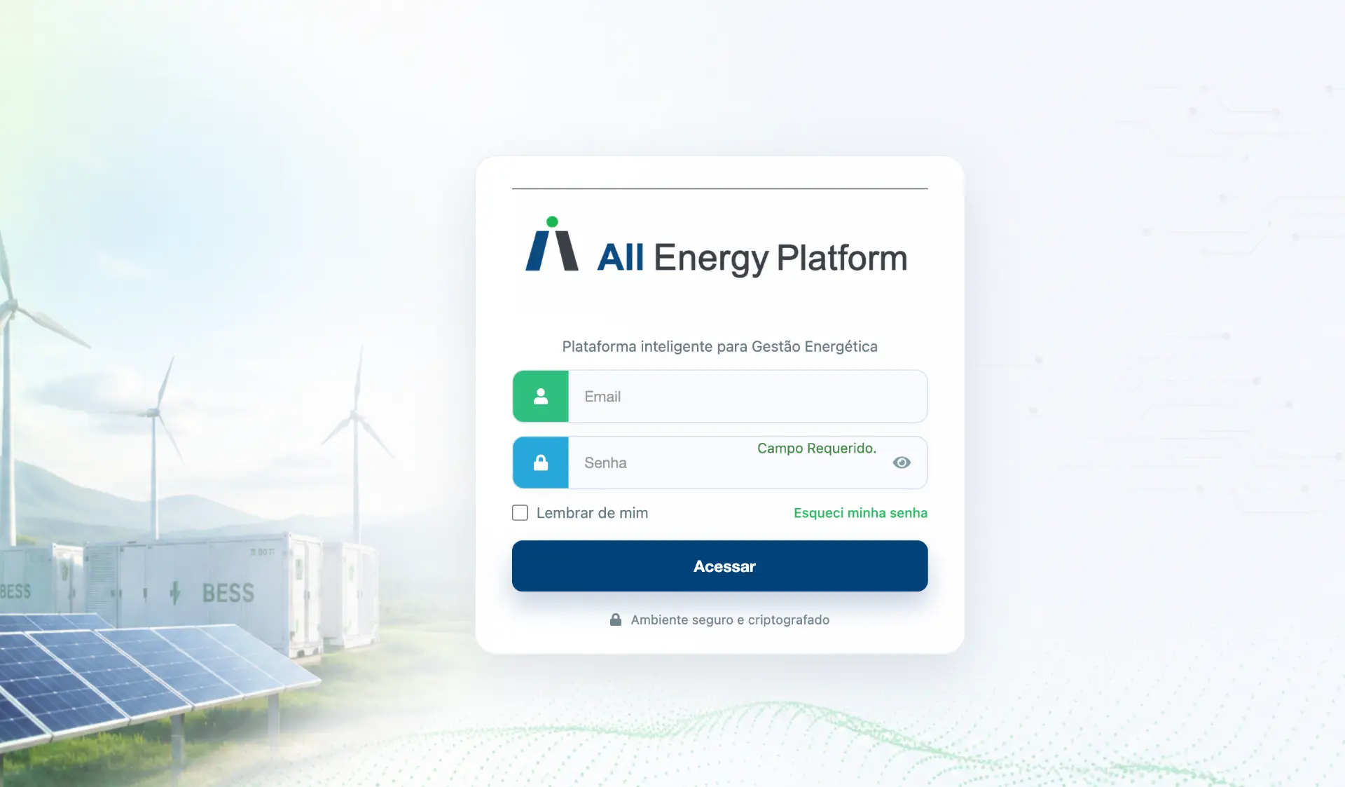 Tela de login da All Energy Platform
