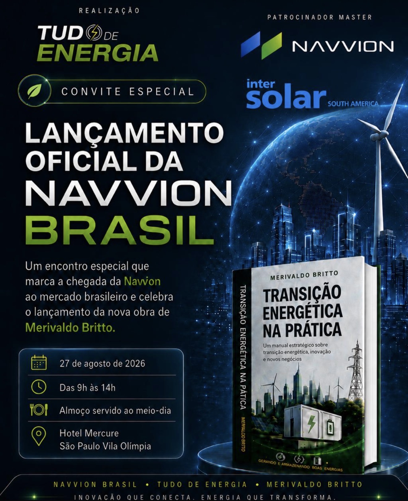 Convite do lançamento oficial do livro Transição Energética na Prática e da Navvion Brasil