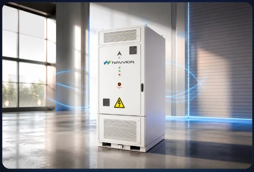 Cabine de armazenamento de energia Navvion em ambiente industrial