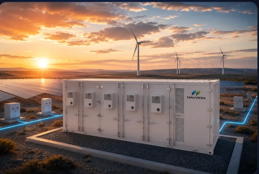 Contêiner BESS Navvion ao lado de usina solar e turbinas eólicas